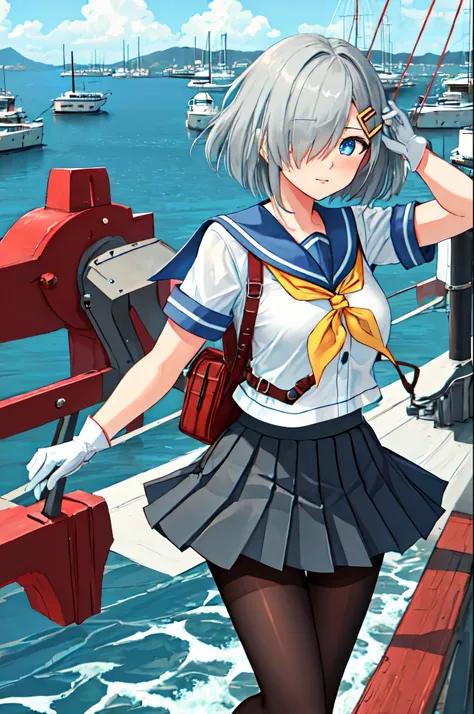 best quality, masterpiece, highres, solo, {hamakaze_kantaicollection:0.90}, 1girl, black_pantyhose, pleated_skirt, serafuku, short_sleeves, simple_background, white_background, yellow_neckerchief, white_gloves, looking_at_viewer, grey_skirt, blush, eyes_vi...
