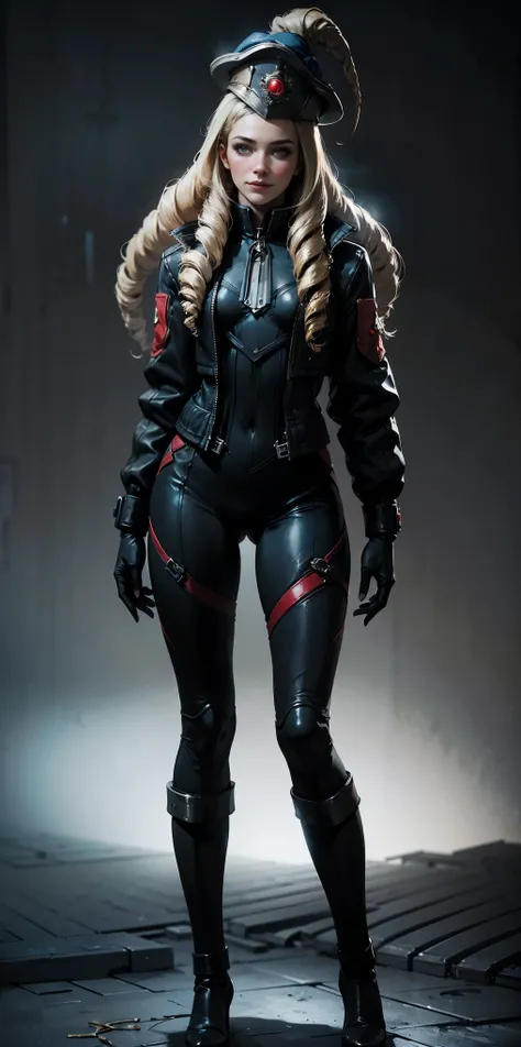 (4k, ultra high resolution, Prominence in Masterpiece, High Quality, Best Quality: 1.2) full body, 1 female, solo, 1girl, 1woman, lustful smirking smile blush, looking at viewer, sitting, blonde hair, long hair, (black jacket), beautiful and detailed face,...