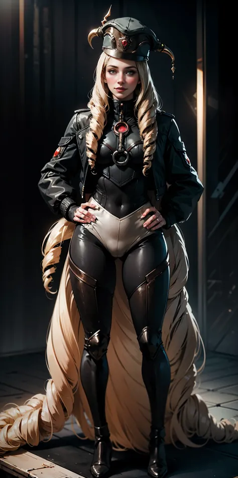 (4k, ultra high resolution, Prominence in Masterpiece, High Quality, Best Quality: 1.2) full body, 1 female, solo, 1girl, 1woman, lustful smirking smile blush, looking at viewer, sitting, blonde hair, long hair, (black jacket), beautiful and detailed face,...