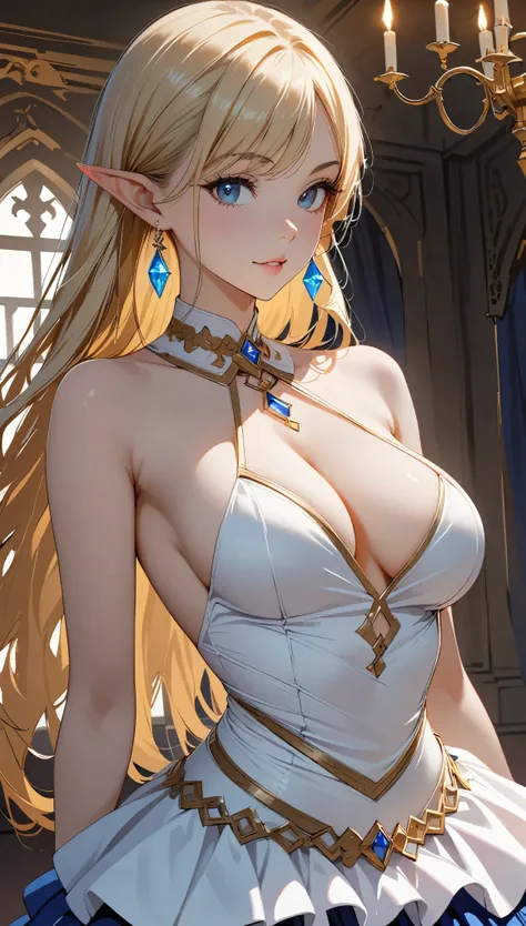 1 girl, Beautiful elf lady, begie blonde Long straight hair, upturn elf pointy ears, sexy figure, perfect breast, charming cleavage, very beautiful face, cute face, delicate eyes, detailed pupil, beautiful and delicate lips, pale skin, Serious, arrogant, a...