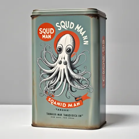 squid man in traditional flat sardine tin, logo, tanaka ikko, reid miles, modernist, mid century, helvetica,