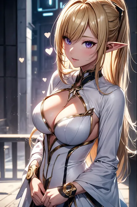 1 elf girl, one person solo, (beautiful elf lady in loving), honey blonde hair Gradient sliver white end, (absurdly long wavy hair), hair strand, single sidelock, shiny hair, (symphony purple eyes), high-detailed and delicate eyes, colourful eyes makeup, r...