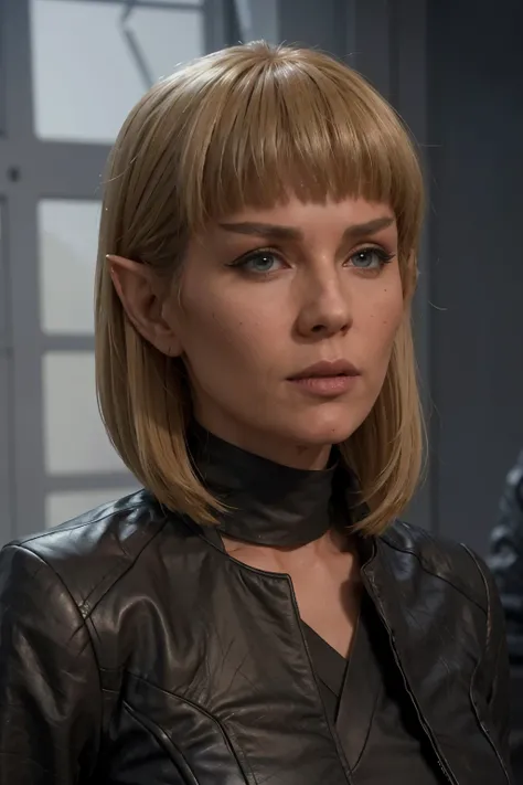 photo of a vulcan woman, pointed ears, pointed eyebrows,eye shadow, blonde hair, blunt bangs, wearing leather jacket, shirt,  medium hair, 