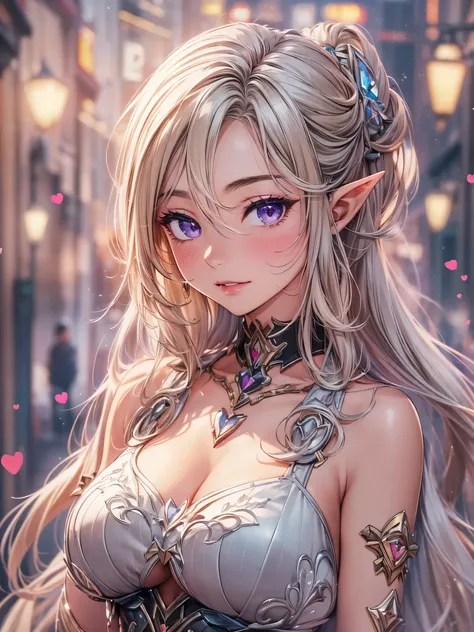 1 elf girl, one person solo, love and heart, (beautiful elf lady in loving), honey blonde hair Gradient sliver white end, (absurdly long wavy hair), hair strand, single sidelock, shiny hair, (symphony purple eyes), high-detailed and delicate eyes, colourfu...