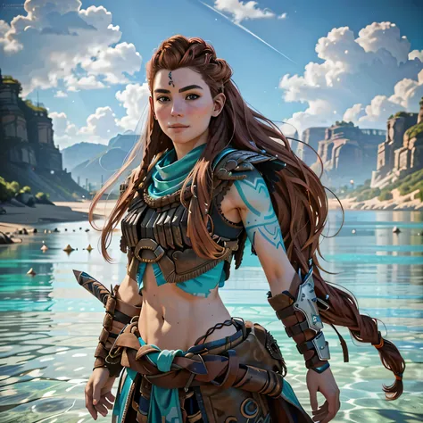 1girl, AloyHorizon, solo, long hair, smile, brown hair, hair ornament, navel, brown eyes, weapon, braid, outdoors, parked lips, sky, day, midriff, sword, cloud, red hair, water, from behind, armor, blue sky, lips, looking to the side, tattoo, ocean, lookin...