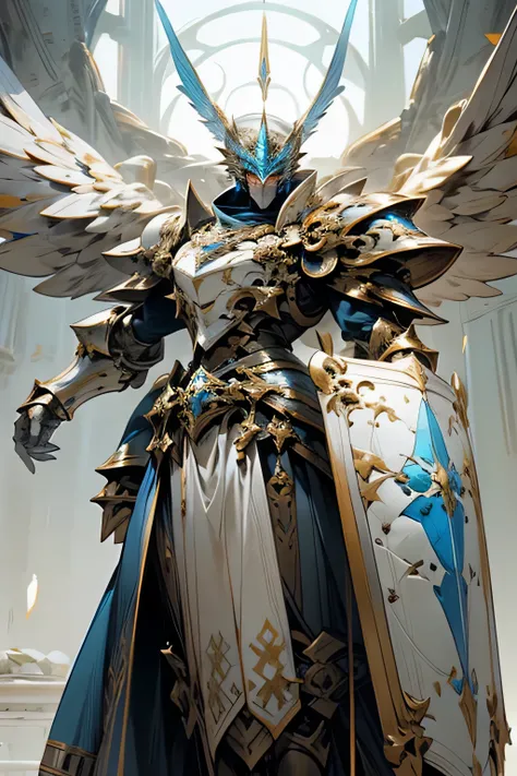 a titan made from white and blue stone in regal colors representing order, massive, white, blue, shield in hand, golden crest fantasy, giant, taller then a tower, armor plates white, best quality, magic, scenic, glorious, no face