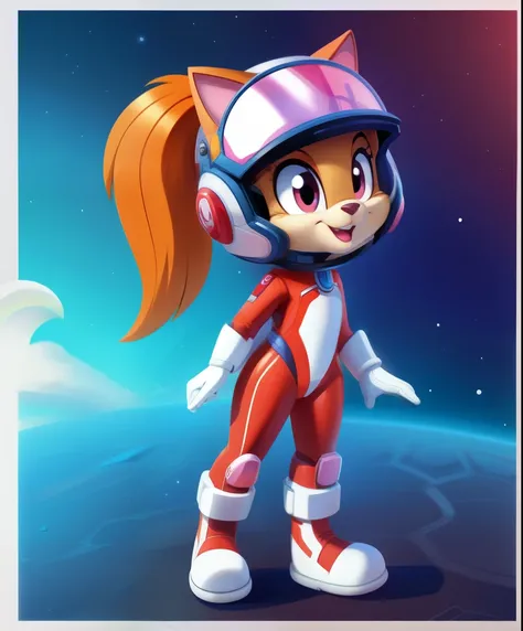 Hazura the female golden retriever, orange ponytail hair, pink lipstick, scarlet eyes, White spacesuit with a rounded helmet and a translucent pink visor, Purple cat ears on the top of the helmet, possibly containing oxygen and other supplies, Technologica...