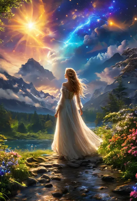 A beautiful girl is standing, Highest quality, masterpiece, Beautiful wild nature fantasy landscape with glowing lights