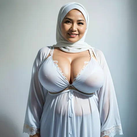 56 Years old, (matured Indonesian woman in hijab) wearing white color pajamas portrait photography, mid shot photo, ultra detail, professional photograph with professional lighting, smile, light blue studio background, curvy body, (Huge Breast : 1.6).