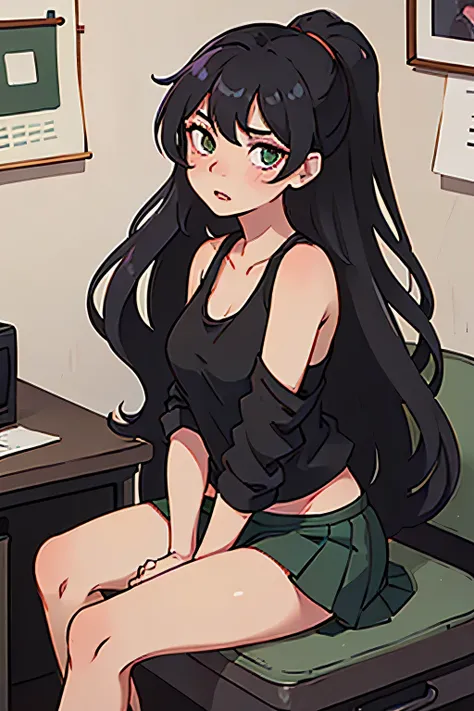 Sexy woman, long black luscious hair, seductive eyes, blushing, parted lips, black tank top, dark green jacket and skirt, sitting on desk, desperate