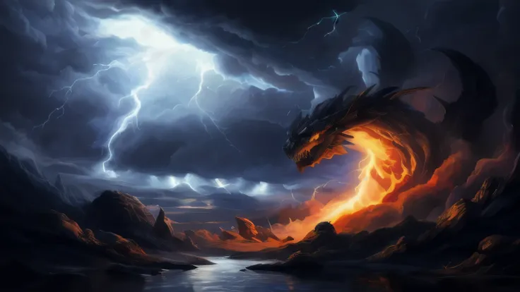 ((best quality)), ((masterpiece)), (detailed), A digital illustration of a destroyed monster with storm clouds and lightning in the background