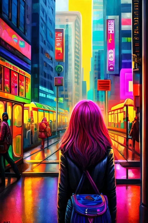 A psychedelic art, with club art features of a woman waiting for the bus at a square stop to arrive in the center of a large metropolis on a drizzly day with a lot of traffic