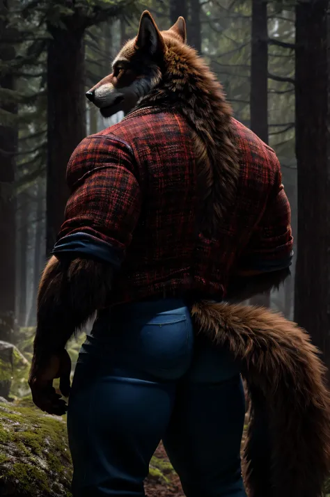 (full body shot), (realistic style), (furry), (humanoid), male wolf, full body brown fur, brown eyes, perfect muscular body, and biggest muscles, biggest pecs, biggest thighs, and biggest ass, wearing blue jeans and red plaid jacket, no shirt, realistic fo...