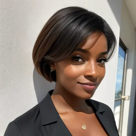 (8k, Photo brute, realiste femme noire, la plus haute qualité), belle fille ébène, corps entier, Poils sarcelle, yeux sarcelle, souriante, gros plan, tenue professionnelle, (Yeux détaillés:0.8), (en regardant la caméra:1.4), (la plus haute qualité), (meill...