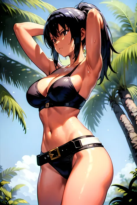 masterpiece, best quality, anime 1990s (style, leona heidern, black bra,  thong ,jungle, pony tail, wet, serious, gloves, , sleeveless, belt, touching hair.