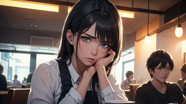 a 50 year old woman with gray hair, angry expression, yelling at a 26 year old woman waitress with black hair wearing a white shirt, in a restaurant at night, sad blue eyes, embarrassed, (best quality,4k,8k,highres,masterpiece:1.2),ultra-detailed,(realisti...