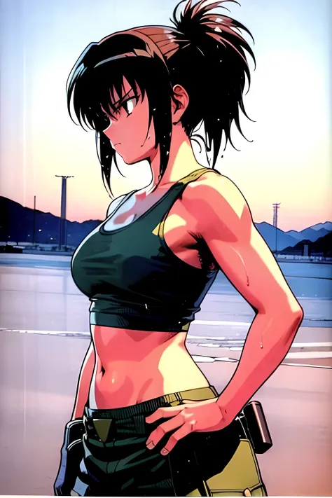 masterpiece, best quality, anime 1990s (style, leona heidern, tank top, short, desert, army, cammo. pony tail, wet, serious, soldier.