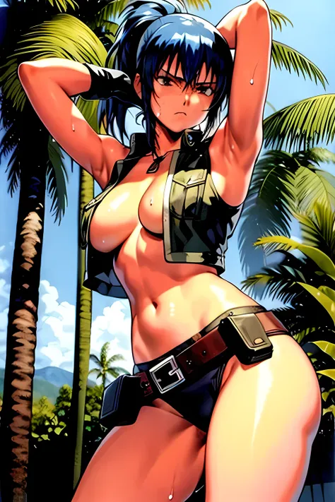 masterpiece, best quality, anime 1990s (style, leona heidern,  no bra, fully open vest, thong ,jungle, pony tail, wet, serious, gloves, , sleeveless, belt, touching hair.