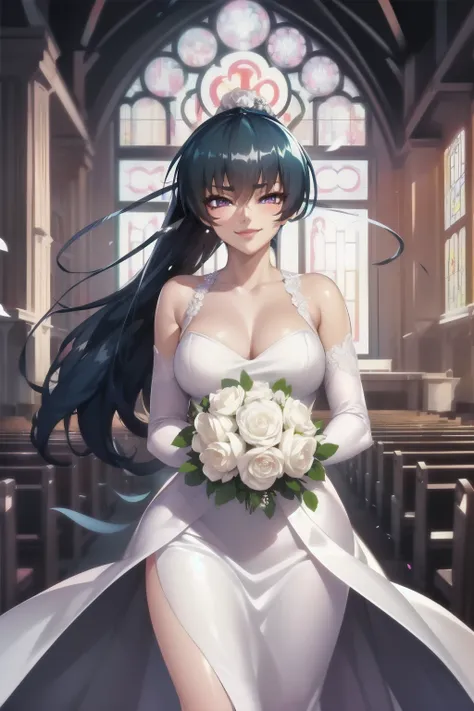 Asagi, (gorgeous white wedding dress:1.2),mini skirt,Long Hair,ponytail, Blue Hair, Hair between the eyes, Side Lock, Purple eyes, View your viewers, church,(High resolution, high quality:1.1), Intricate details, Cinema Lighting, One girl,Smile