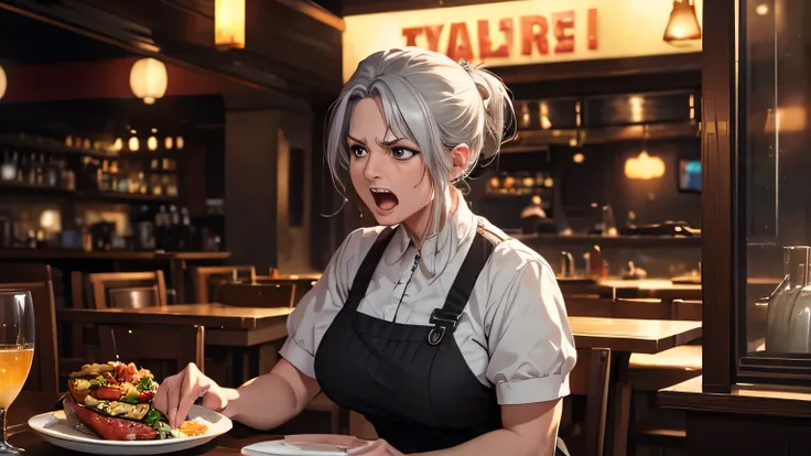 elderly waitress, 50 years old, gray hair, angry, screaming, restaurant, night, realistic, photorealistic, 8k, highres, masterpiece, ultra-detailed, sharp focus, physically-based rendering, vivid colors, dramatic lighting