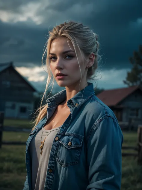 (masterpiece,photorealistic .uhd)farm, ranch, ((night)), cloudy. An ultra hot gorgeous European woman.age 23. wet hair, blond hair, single ponytail, natural makeup, ((Casual wear, jeans)), character in the middle, standing. Blue hues.