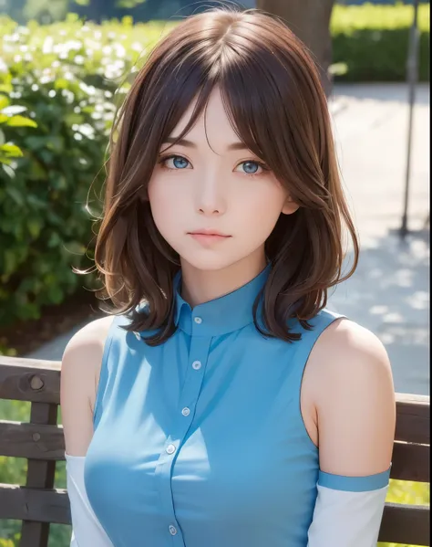 best quality, photorealistic, 8k, high res, full color, 1girl, woman, 20 years old woman, (closed mouth:1.73), (skindentation), (portrait:0.6), trees, park bench, daylight, ((park background:1.52)), full color, ((sleevelessblueshirt:1.58)), looking at view...