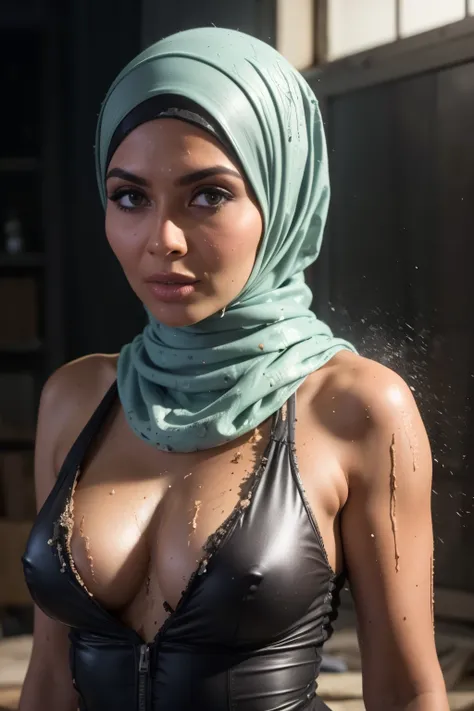 Saggy breast, (((mud splash))), Stripper, nude , javanese, (((hijabi))), cleavage, reflection light, chiaroscuro, depth of field, cinematic lighting, ray tracing, Sony FE GM, UHD, super detail, masterpiece, textured skin, high details, best quality, award ...