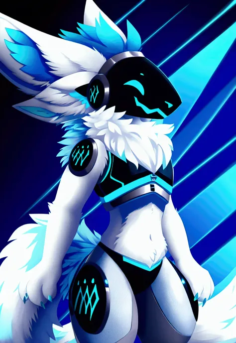 a blue protogen, smiling, velues, fluffy ears, fully body