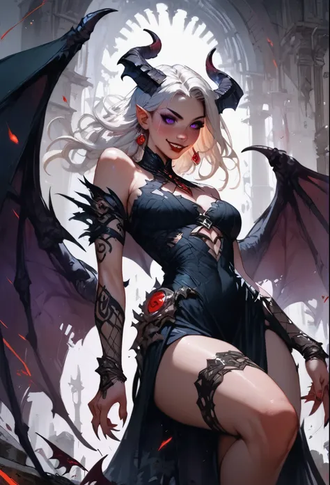 score_9, score_8_up, score_7_up, score_6_up, score_5_up, score_4_up,1girl, demon, dark dress, thigh strap, red lips, blush, smile, white hair, purple eyes,fantasy,solo focus,epic,little black horns, black wings, bat wings, purple eyes, 