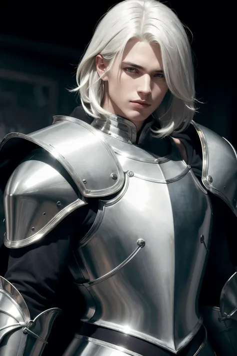 ((best qualityer)), ((Dark Fantasy)), (detailded), create a male knight with shoulder-length white hair, yellowish eyes and shiny silver armor following the dark fantasy theme.
