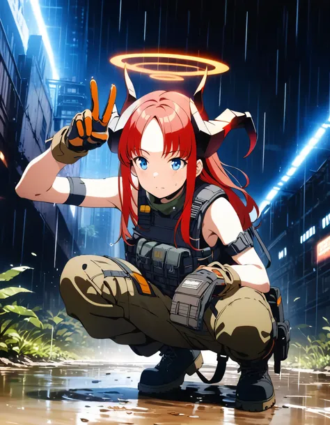 face_focus,looking at viewer,solo,long hair,halo,blue eyes,gloves,bangs,bare shoulders,amazing composition,beautiful,incredible lighting,horns,long red hair,morose facial expression,raw photo,squatting,head up, tactical gear, bulletproof vest, black tactic...