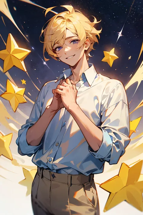 ((melhor qualidade)), ((obra de arte)), (detalhado), Male, blonde hair, purple eyes, wearing white blouse, Stars all around, smilling, wearing beige pants