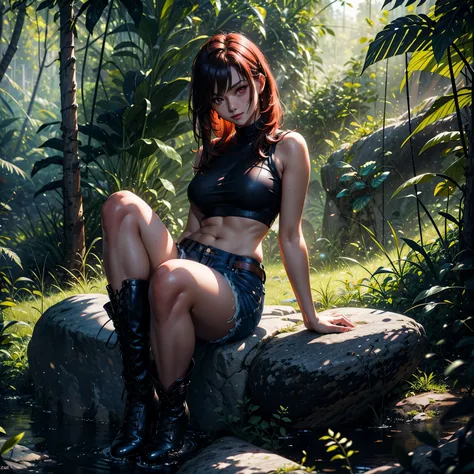 1girl, (solo), long curvy hair, redhead hair, red eyes, humiliation smile, blushing, (medium breasts), fair skin, black crop top, black jean, black boot, sitting on rock, sex view, jungle behind, medieval japanese town, (days), camp fire behind, (very sexy...