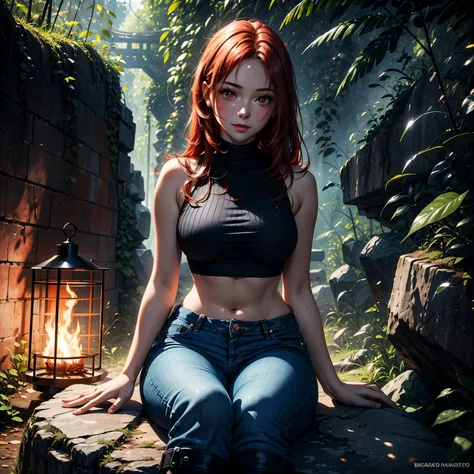 1girl, (solo), long curvy hair, redhead hair, red eyes, humiliation smile, blushing, (medium breasts), fair skin, black crop top, black jean, black boot, sitting on rock, sex view, jungle behind, medieval japanese town, (days), camp fire behind, (very sexy...