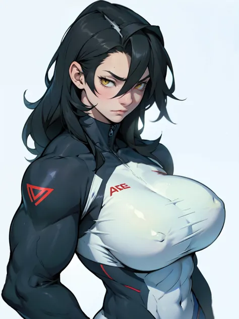 perfect anatomy muscular girl big breasts empty eyes embarrassed black hair yellow eyes pale skin 