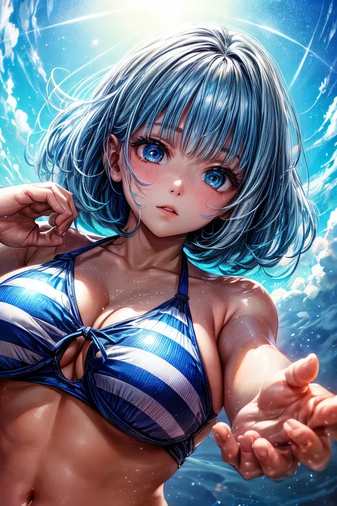 {worst quality, low quality}, ((girl photo)), solo, big breasts, clear eyes and plump lips, beautiful light blue eyes ):1.2), Spoken heart, Praying hands, (Perfect hands: 1.3), (Light blue hair, short bob: 1.5), (Blue and white striped bikini), open your h...