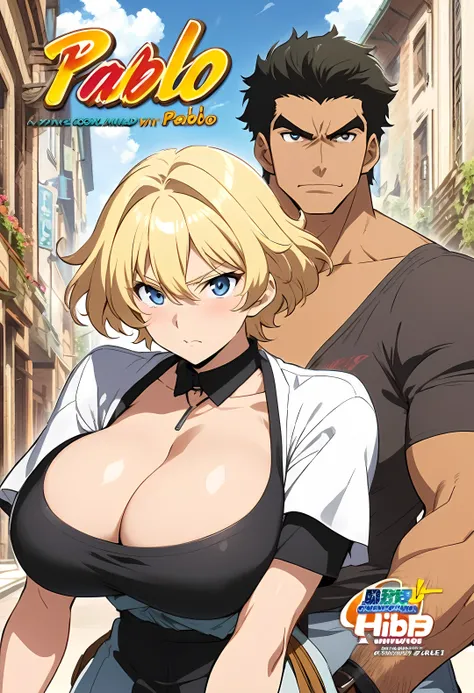 Cover of an anime called Pablo with a masculine, blond boy with big feminine breasts 