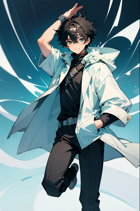 (1boy:1.3), white and blue theme,, ultra detailed, masterpiece, best quality, aesthetic, detailed,, ultra detailed, masterpiece, best quality, solo, smile, 1boy, green eyes, short hair, black hair, bangs, hair between eyes, messy hair, (goggles on head:1.2...