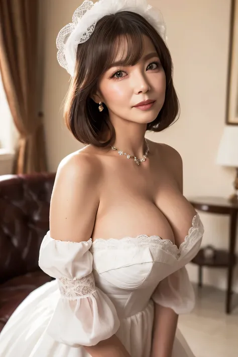 80-year-old woman、Facial wrinkles、beauty、rauall gown, Sweet Lolita, Puff sleeves,Big Breasts,to be able to see nipple