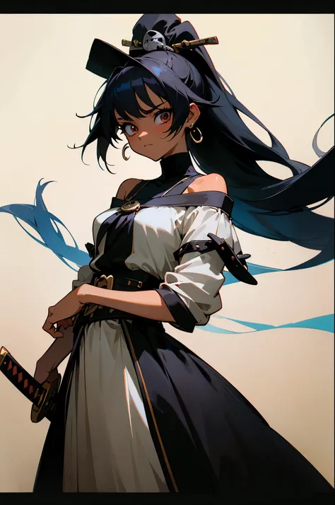 ((Best Quality)), ((Masterpiece)), (detailed), (anime), (Cartoon), 1 girl, tanned skin, off shoulder sweater, pirate accessories, gloomy appearance, medieval dress, pirate hat, earrings, katana, black skin, long hair, black hair, ponytail, ((Best Quality))...