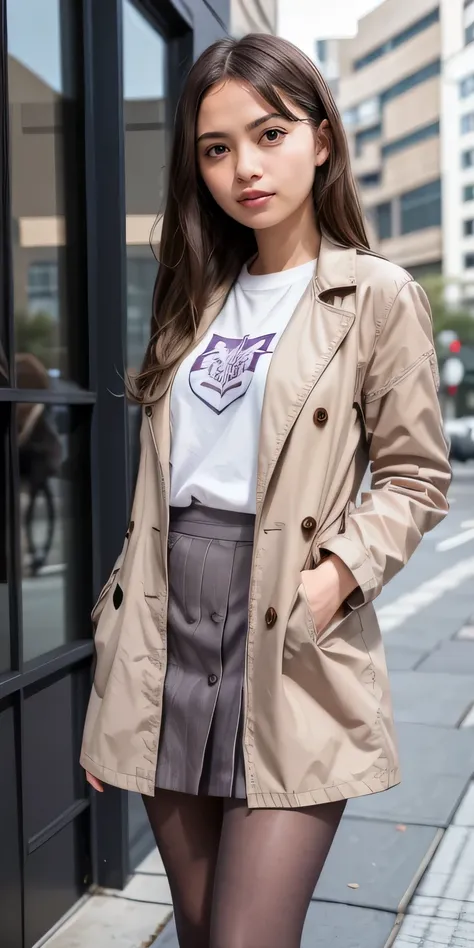 beautiful girl, brown hair ,purple eyes. white t-shirt, gray coat, Knee-length skirt、tights、pumps、smile、detail face, detail eyes, expressive face, expressive eyes, pout mouth. highres,hyperdetailed body, hyperealistic, photorealistic, masterpiece 、The buil...