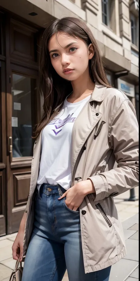 beautiful girl, brown hair ,purple eyes. white t-shirt, gray coat, Skinny jeans、ブーツ、smile、detail face, detail eyes, expressive face, expressive eyes, pout mouth. highres,hyperdetailed body, hyperealistic, photorealistic, masterpiece 、The building entrance ...