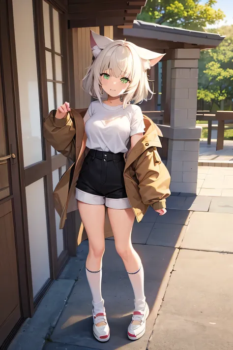 nekomimi, anime girl, green eyes, big oversized brown jacket, white short hair, catgirl, cute anime, cute character, full body adoptable, cute anime style, very beautiful. calico coloration, white school shirt, black shorts, long leg warmer socks