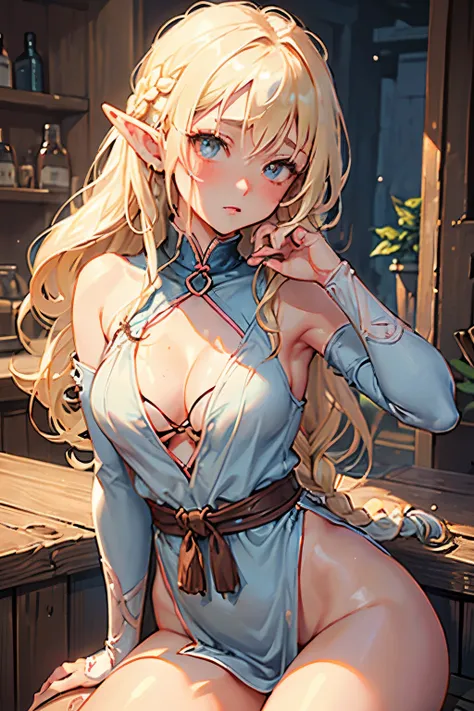 (Hayao Miyazaki illustration style:1.2), (sexy woman), (small elf:1.1), (blonde hair), (braided long hair:1.1), sitting in dark tavern, (exhausted:1.2), (shy:1.1), (detailed clothes), (simple slave outfit:1.2), (detailed body), (round breasts), (bubble but...