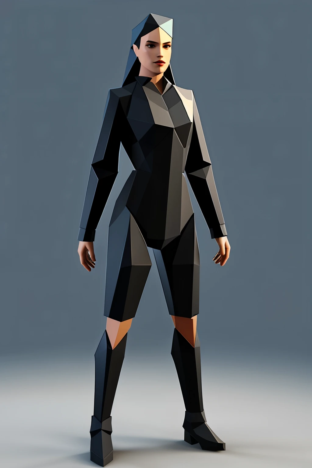 3d lowpoly geometric human full body, more detailed 2000 polygons, more details
