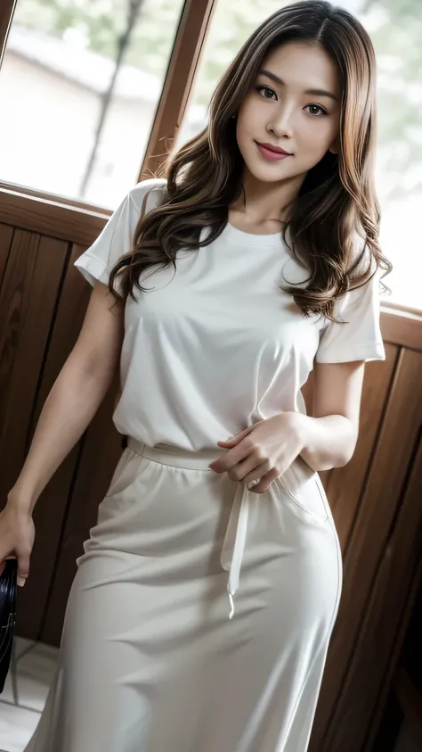 One Japanese woman, Housewife in her 30s、A full-body photo from head to toe、Walking towards here, Detailed face, Captivating smile, Detailed eyes, Thick chest, Smooth Skin, Light brown hair、Wavy long hair、Tight white T-shirt, Long skirt in maxi length, Wea...