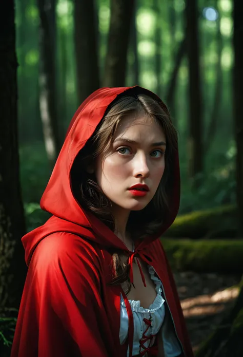 (masterpiece:1.3), highes quality, high quality photo, little red riding hood weary in the woods, dark,  low-key, raw photo, sub...