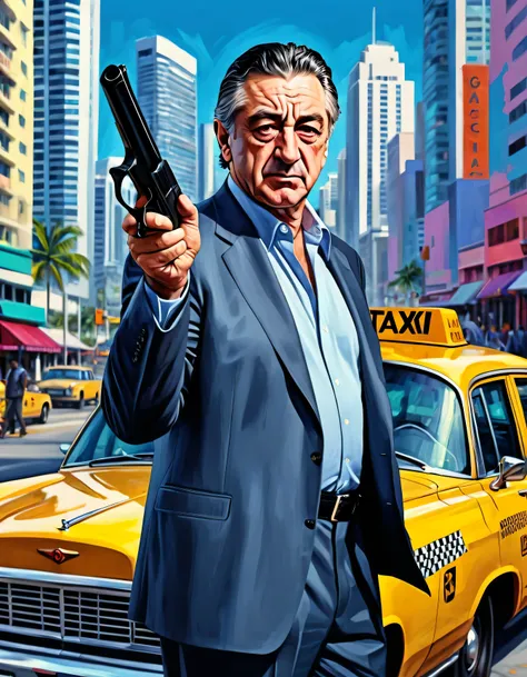 A painting of a man Robert De Niro ( with black hair), gangster pose and look, Miami City background, street, taxi cab, perfect Art, Art, Intricate Digital Painting, original Artwork, Illustration, guns in the background digital art, masterpiece Illustrati...