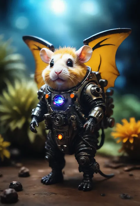 Chiaroscuro lighting, a photo with a tilt shift. fluffy chubby Dzungarian demon hamster monster with (bat wings) in a spacesuit, a (dark and hellish alien planet:1.2),  inferno in the background, selective focus, miniature effect, highly detailed, perspect...