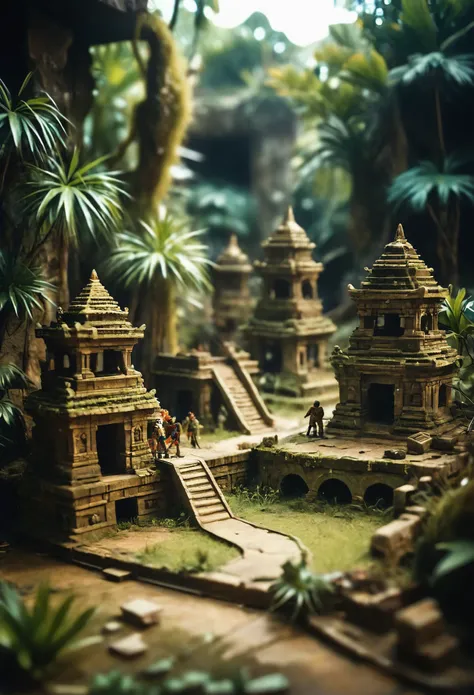 tilt-shift photo of ancient jungle ruins with a morphing mask. In an absurd situation. selective focus, miniature effect, blurred background, highly detailed, vibrant, perspective control